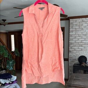 Sharagano Medium Coral Sleeveless Hi Low Linen Blend Top